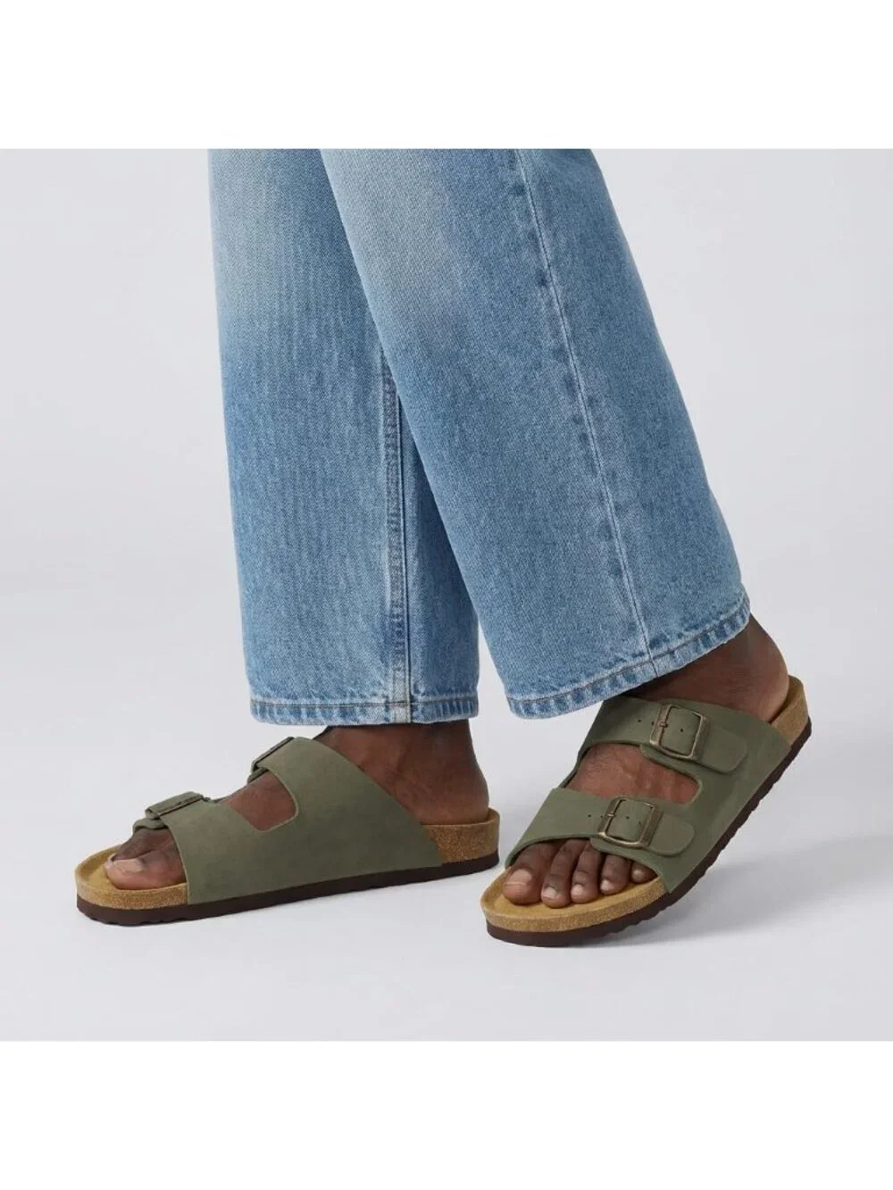 Men's Olive Green Lane Cork Footbed Sandals Adjustable Buckle Comfort Slides